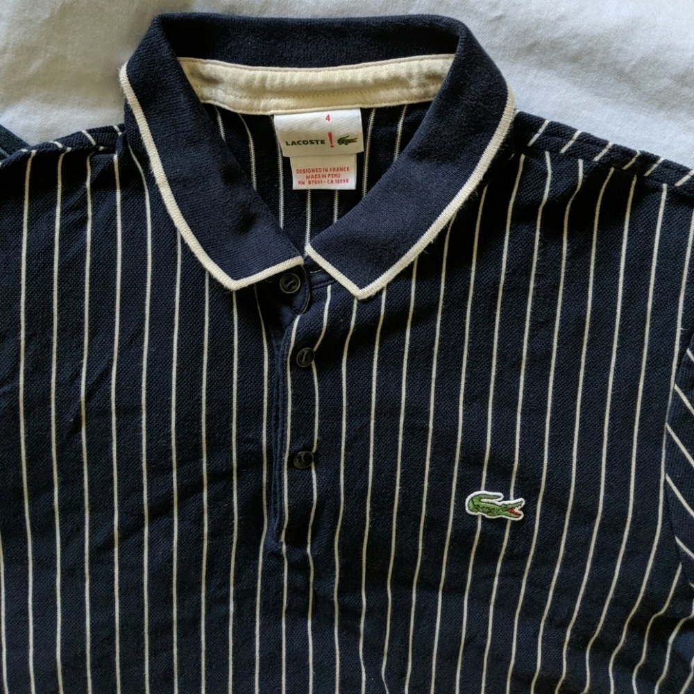 Navy and white pin striped Lacoste polo
